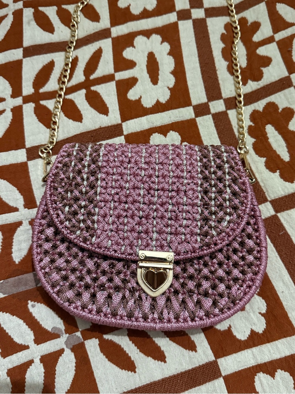 Handmade Woven Pink Crossbody Bag with Heart Lock